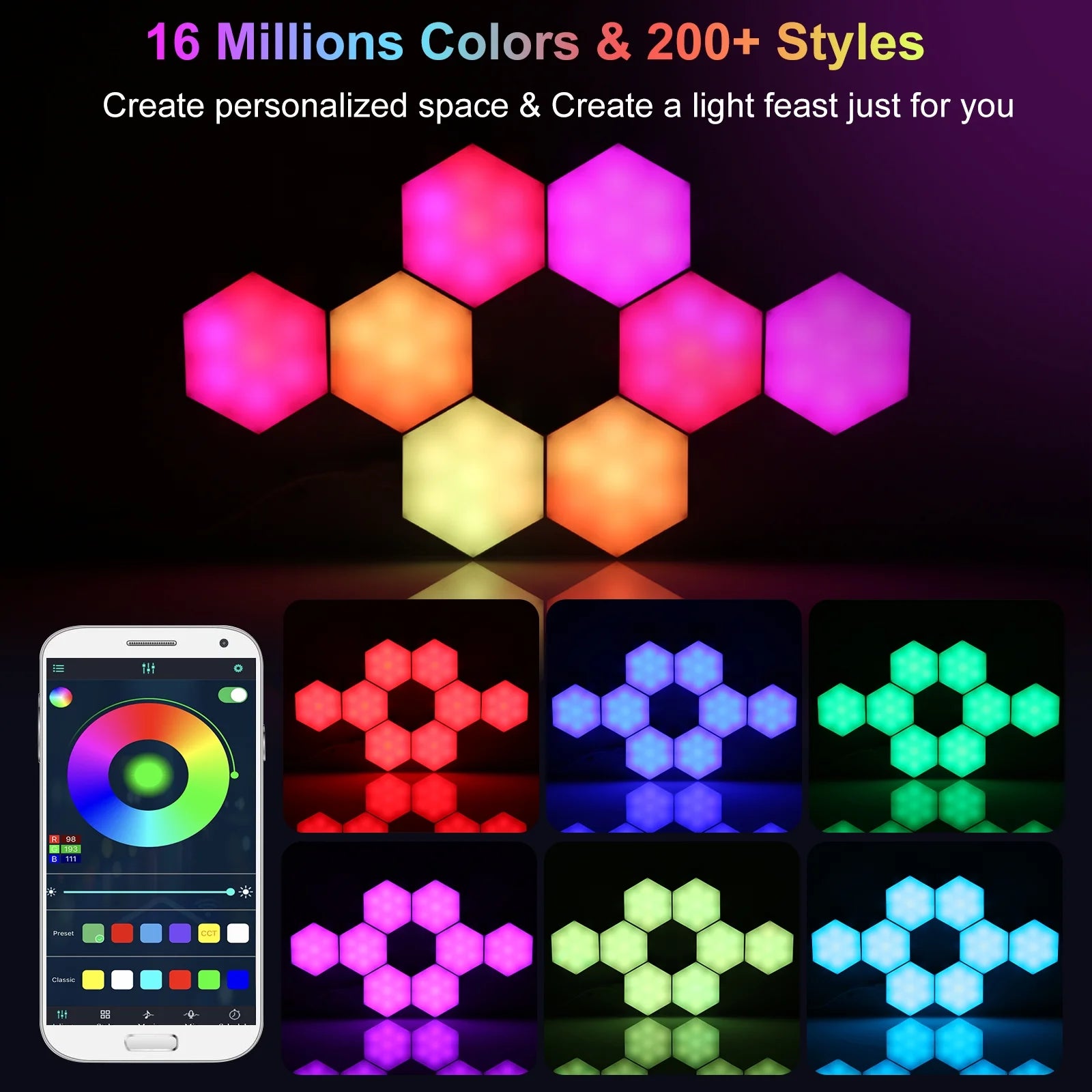 Hexagon Modular Design RGB LED Wall Light (8 Count)