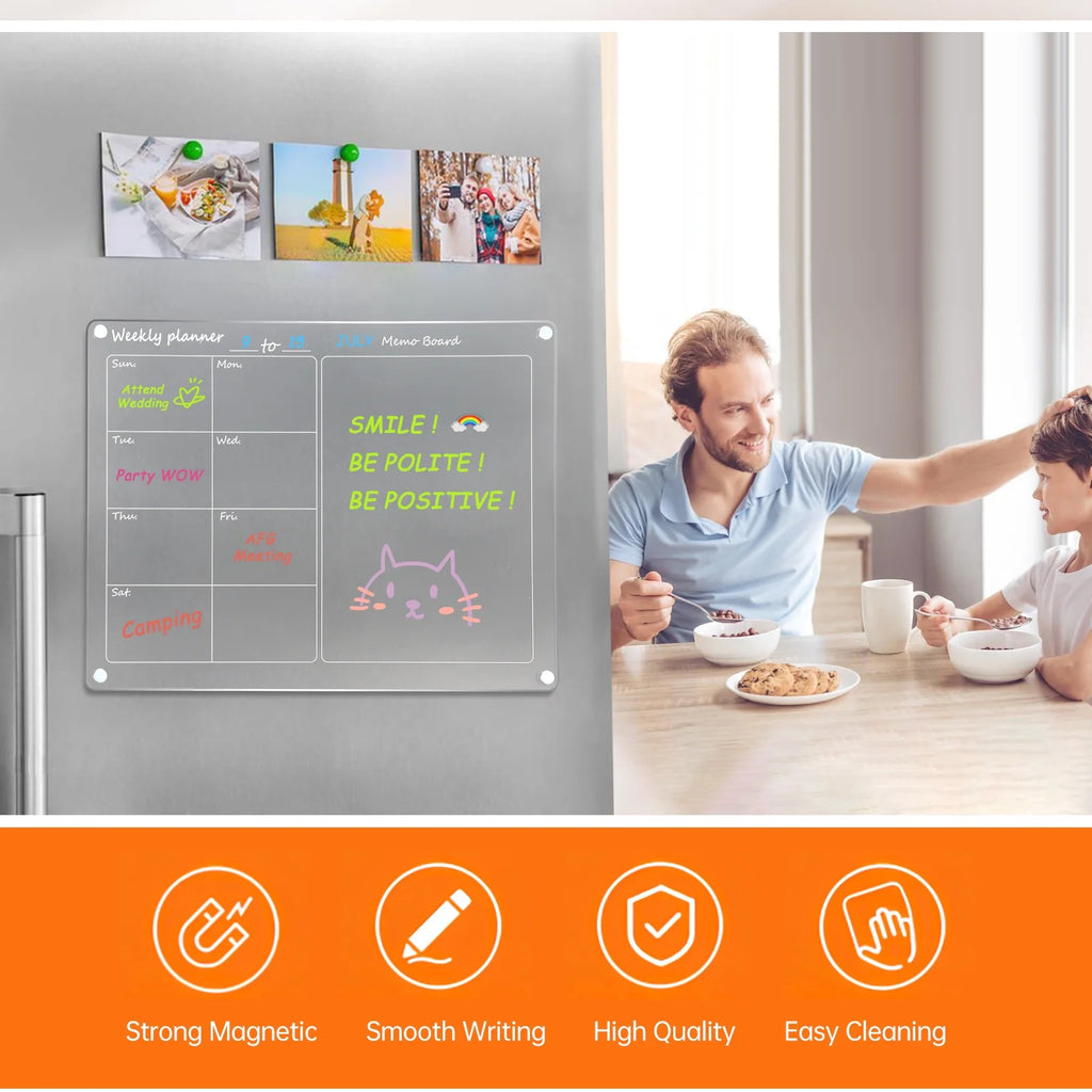 Magnetic Acrylic Calendar for Fridge, 2 Pack 12""X16"" Clear Fridge Calendar Dry Erase Magnetic Planning Boards Set Includes 10 Colorful Highlight Markers, Pen Holder, Hook and Erase Towel