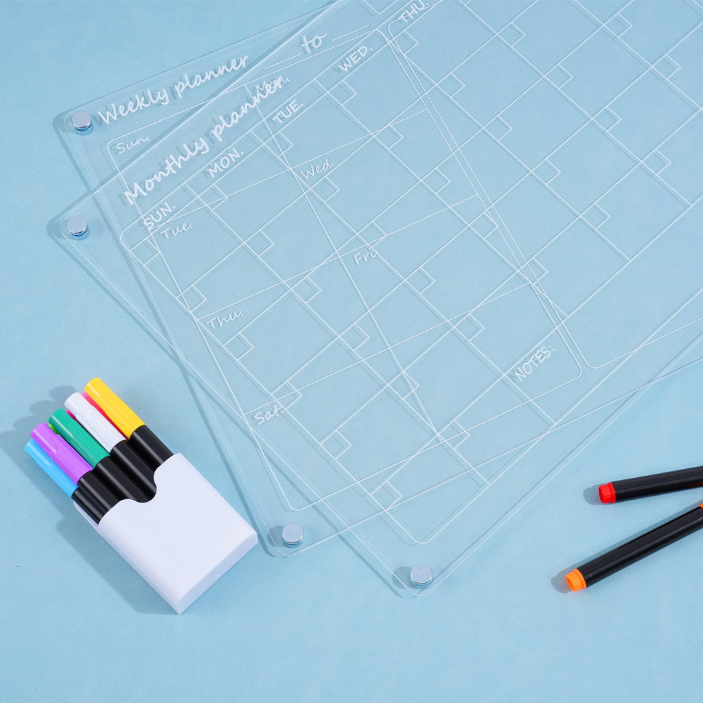 Magnetic Acrylic Calendar for Fridge, 2 Pack 12""X16"" Clear Fridge Calendar Dry Erase Magnetic Planning Boards Set Includes 10 Colorful Highlight Markers, Pen Holder, Hook and Erase Towel