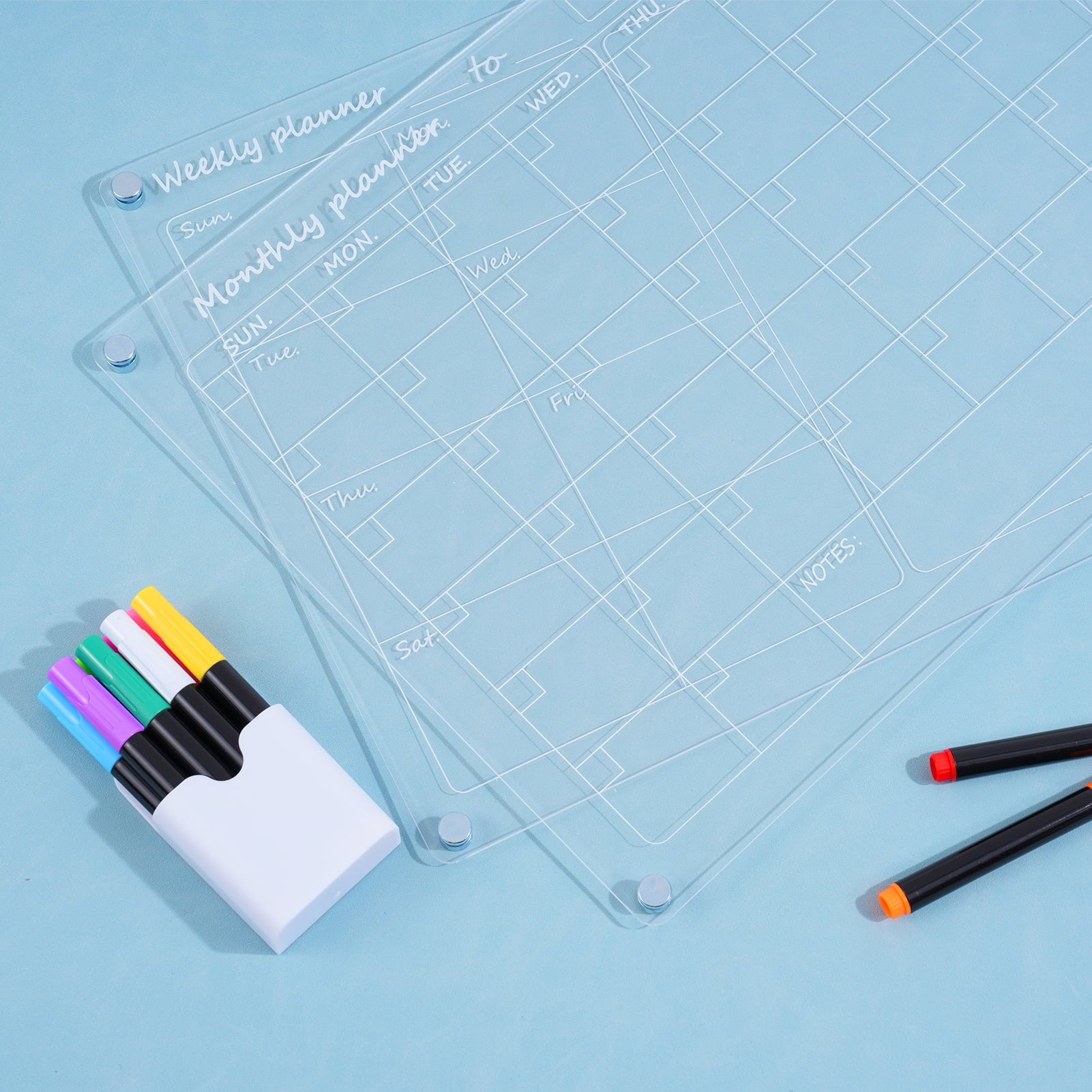 Magnetic Acrylic Calendar for Fridge, 2 Pack 12""X16"" Clear Fridge Calendar Dry Erase Magnetic Planning Boards Set Includes 10 Colorful Highlight Markers, Pen Holder, Hook and Erase Towel