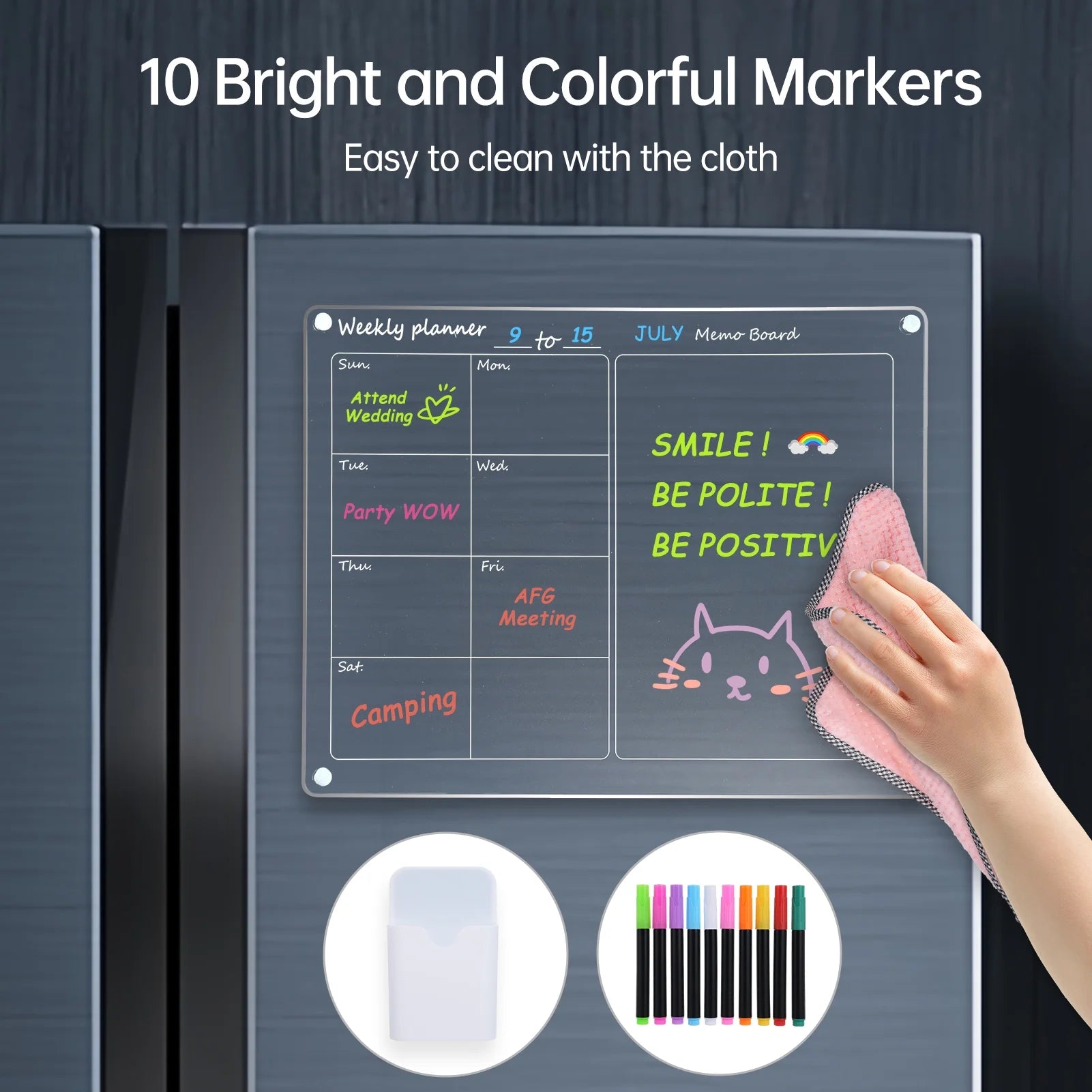Magnetic Acrylic Calendar for Fridge, 2 Pack 12""X16"" Clear Fridge Calendar Dry Erase Magnetic Planning Boards Set Includes 10 Colorful Highlight Markers, Pen Holder, Hook and Erase Towel