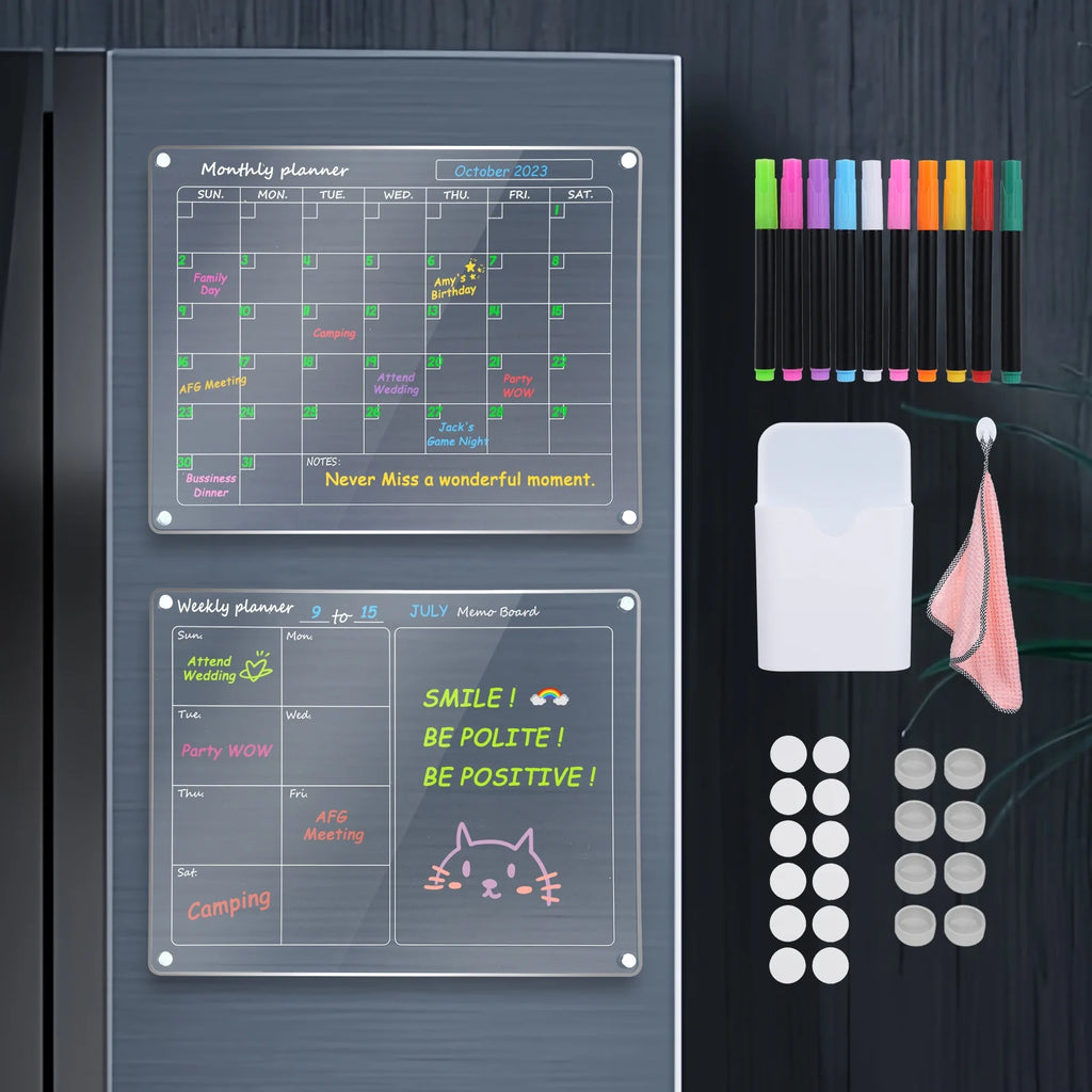 Magnetic Acrylic Calendar for Fridge, 2 Pack 12""X16"" Clear Fridge Calendar Dry Erase Magnetic Planning Boards Set Includes 10 Colorful Highlight Markers, Pen Holder, Hook and Erase Towel