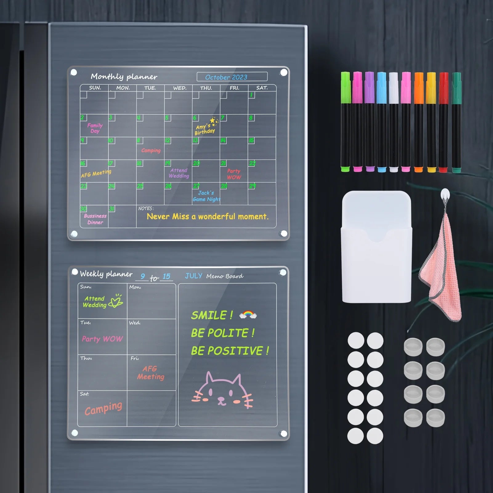 Magnetic Acrylic Calendar for Fridge, 2 Pack 12""X16"" Clear Fridge Calendar Dry Erase Magnetic Planning Boards Set Includes 10 Colorful Highlight Markers, Pen Holder, Hook and Erase Towel
